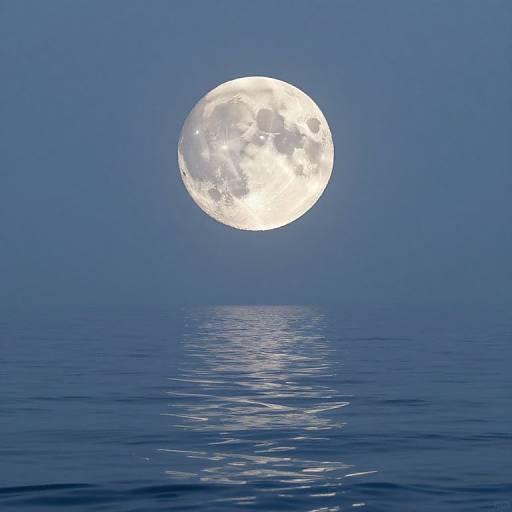 Photograph of a full, bright moon reflecting on a calm, blue ocean under a clear, deep blue night sky.