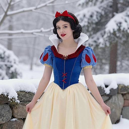 Woman in Snow White Costume in Snowy Winter Setting