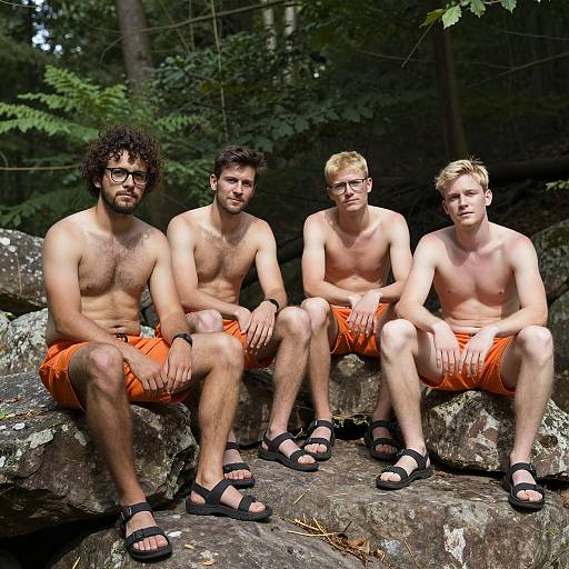 Men in Orange Shorts Relaxing in Forest