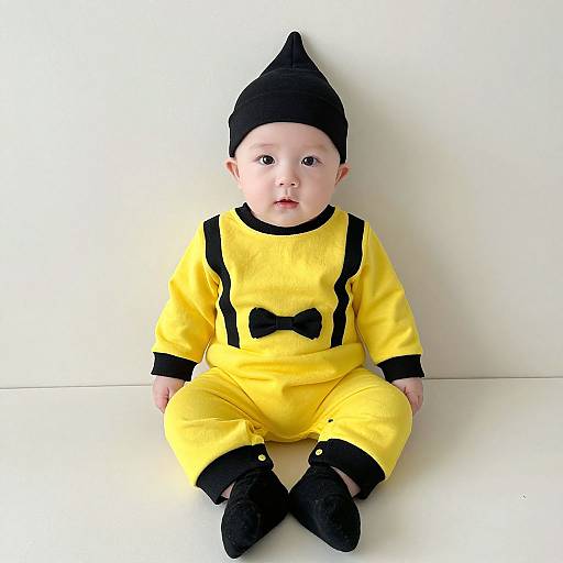Photograph of a baby doll wearing a yellow outfit with black straps, bow, and black beanie, sitting against a plain white background.