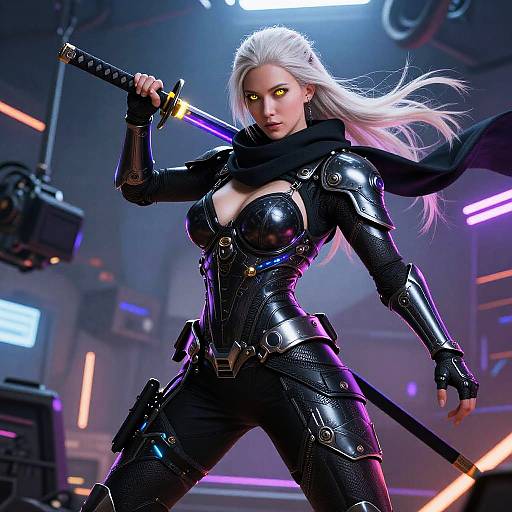 Digital artwork of a fierce, white-haired woman in shiny black armor holding a katana, with a black scarf, in a neon-lit futuristic room