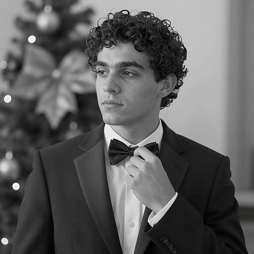 Young Man Adjusting Bow Tie in Formal Suit