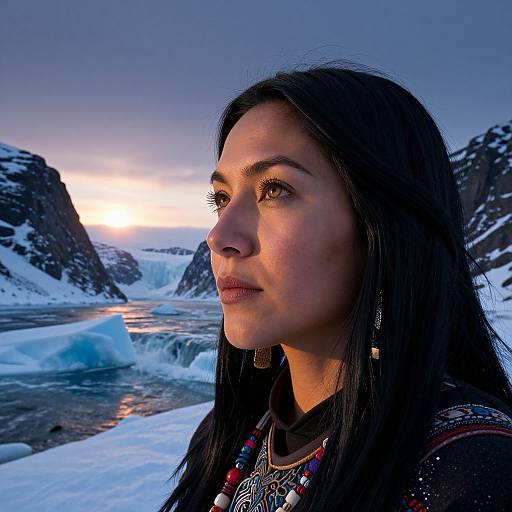 Photograph of a young woman with long black hair, wearing traditional jewelry, looking at a snowy, icy landscape during sunset.