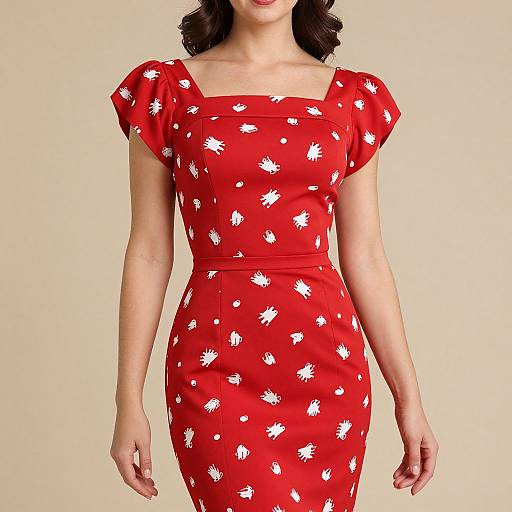 Photograph of a woman in a vintage-style, red dress with white daisy patterns, short puffed sleeves, and a square neckline, standing against