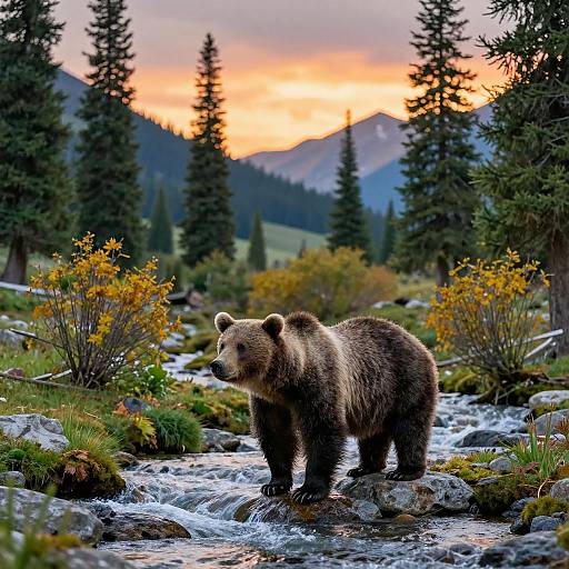 Photograph of a brown bear standing in a rocky stream, surrounded by trees, with a vibrant sunset over mountains in the background.