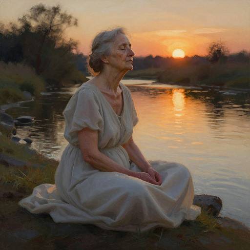Elderly woman with gray hair, wearing a flowing white dress, sits by a serene river at sunset, smiling, with reflected orange sky. Phot