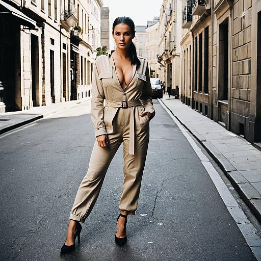 Woman in Beige Utility Jumpsuit on City Street