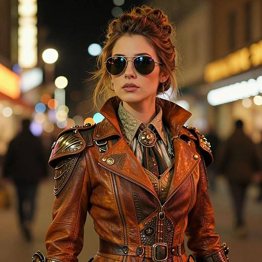 Photograph of a confident woman with tousled brown hair, wearing a brown leather jacket with metal accents, black sunglasses, and a grey scarf, walking