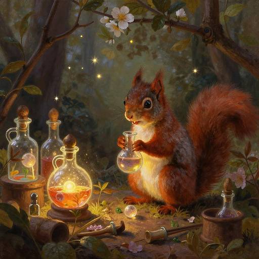 Mischievous Squirrel Alchemist in Cozy Workshop