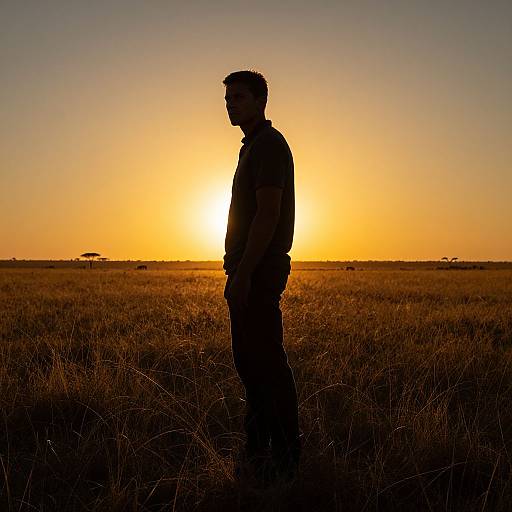 Photograph of a silhouetted man standing in a grassy field at sunset, with a glowing orange sky and sun low on the horizon.