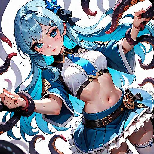 Digital anime-style drawing of a blue-haired girl with large eyes, wearing a crop top, skirt, and black ribbon, being restrained by tentacles.
