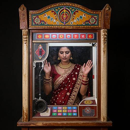 Photograph of a traditional Indian woman in a red and gold saree, adorned with jewelry, standing behind an ornately decorated electronic temple game machine,