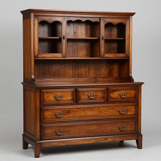 Photograph of a vintage, dark wooden hutch with four glass-paneled doors, six drawers, and ornate metal handles, set against a plain