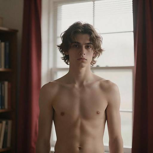 Shirtless Young Man in Window Light