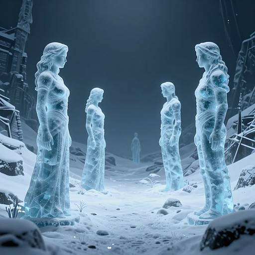 Digital art: Ethereal, glowing blue statues of women in flowing dresses standing in a snowy, forested landscape with a central, larger figure in the