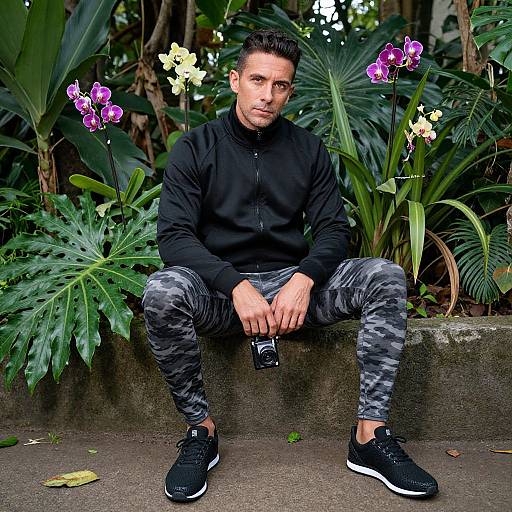Photograph of a fit, young man with short dark hair, wearing a black jacket and camouflage leggings, sitting on a concrete ledge amidst lush greenery