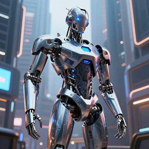 Photorealistic CGI of a shiny, blue-eyed, silver humanoid robot standing in a futuristic, neon-lit cityscape with towering buildings.