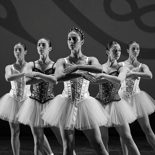 Black and white ballet dancers mid-performance