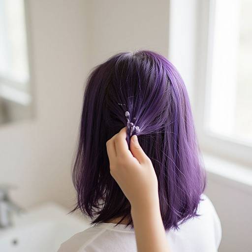 Photograph of a person with straight, shoulder-length purple hair, holding a section of hair with a hand, in a bright, white bathroom.