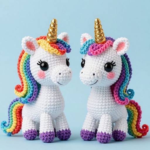 Photograph of two colorful, crocheted unicorns with white bodies, rainbow manes, purple hooves, and golden horns, set against a