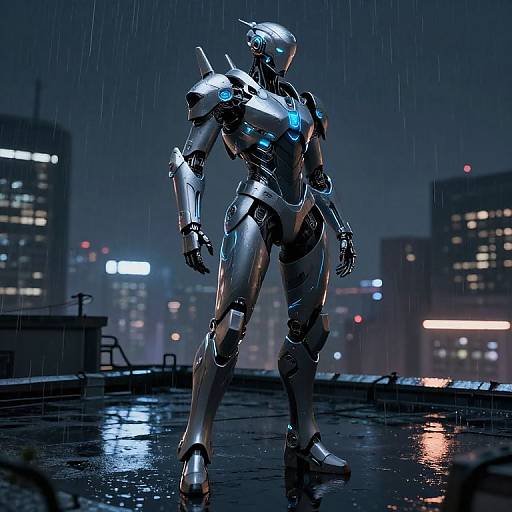CGI image of a silver, glowing blue-lit robotic humanoid standing on a rainy rooftop at night, with city lights in the background.