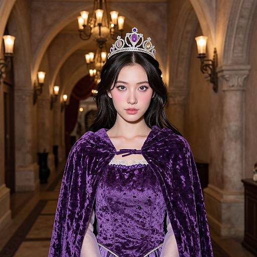 Photorealistic digital portrait of a young Asian woman with long black hair, wearing a purple velvet gown, tiara, and cape, standing in a