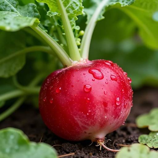 Close-up photograph of a vibrant red radish with water droplets, surrounded by lush green leaves, rooted in dark soil.