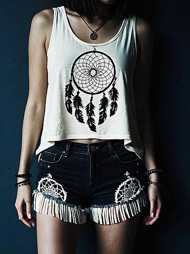 Bohemian Woman in Dreamcatcher Tank Top and Fringe Shorts