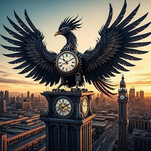 Mechanical Phoenix on Clocktower at Dawn
