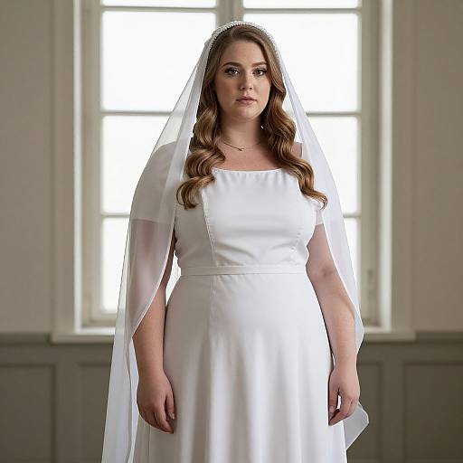 Photograph of a plus-sized, fair-skinned woman with long brown hair in a white wedding dress and veil, standing in front of a sunlit