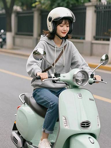 Smiling woman riding vintage scooter