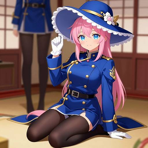Anime-style digital illustration of a pink-haired girl in a blue military uniform and hat, kneeling, adjusting her hat, with black stockings, in a sun