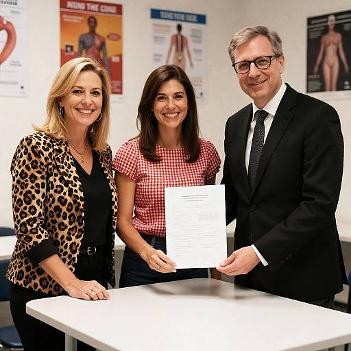 Three Professionals Holding Document in Medical Office