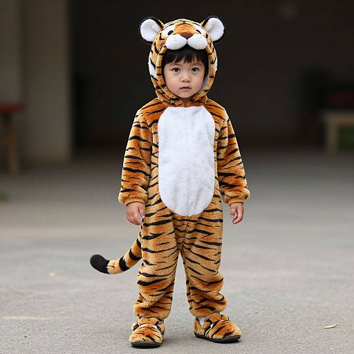 Photograph of an Asian toddler in a cute tiger onesie with white belly, black stripes, and tiger ears, standing on a gray pavement.
