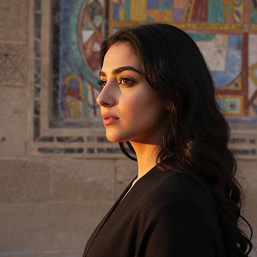 Photograph of a young woman with long, wavy black hair, wearing a black top, standing in front of a colorful, detailed mosaic wall.