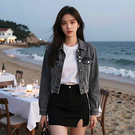 Chic Woman at Dusk Beach Dinner