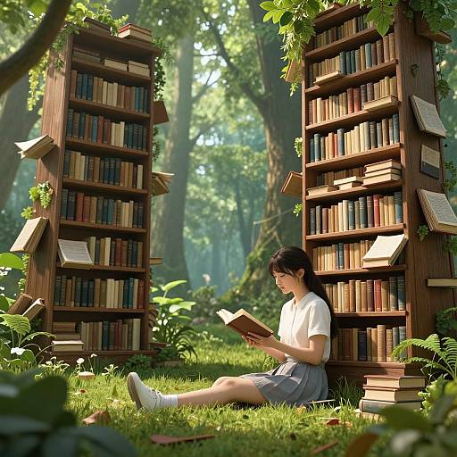 Digital painting of an Asian woman with black hair, white blouse, and gray skirt, reading a book on grass between two wooden bookshelves in a