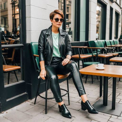 Stylish woman in leather outfit at urban café