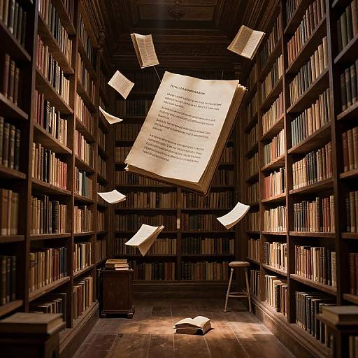 Photograph of a dimly lit library with floating papers, books on dark wooden shelves, and a single stool at the center. Warm, magical ambiance