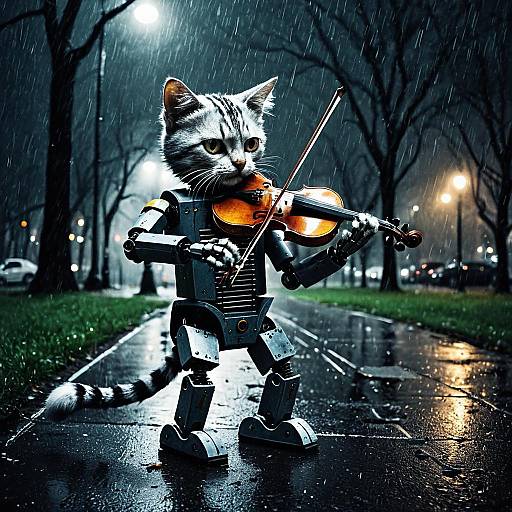 Robot Cat Playing Violin in Rainy City Park