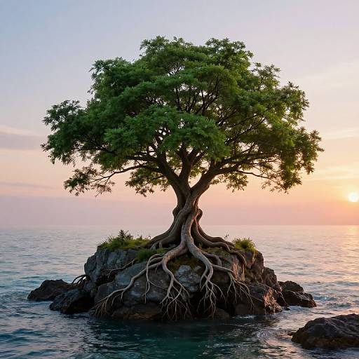 Solitary Tree on Rocky Isle at Sunset