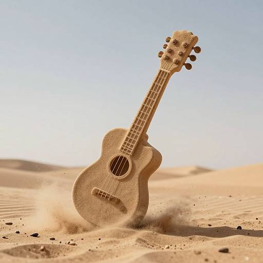 Photograph of a sand-covered acoustic guitar leaning in a sandy desert, with sunlight and clear blue sky in the background.