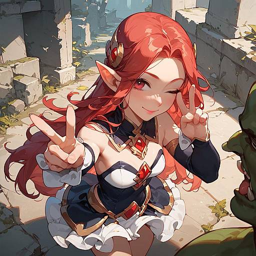 Red-Haired Magical Girl Selfie in Ruins