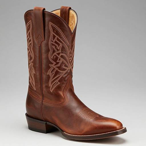 Photograph of a single brown leather cowboy boot with intricate embroidered patterns on the shaft, standing on a white background.