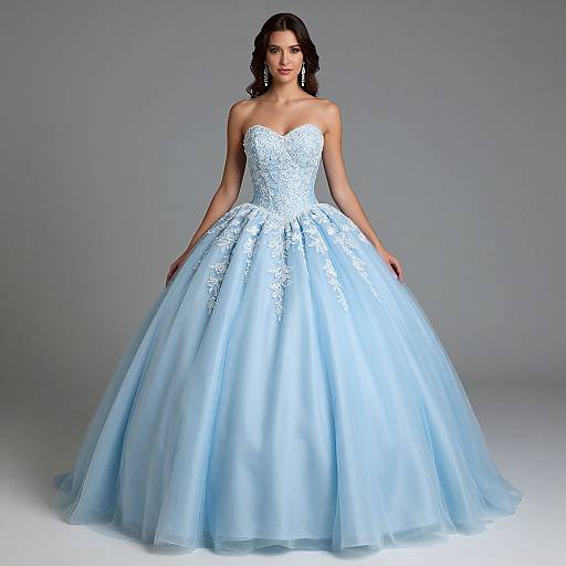 Photograph of a slender woman with dark hair in a strapless, light blue, lace-embellished ball gown with a voluminous skirt,