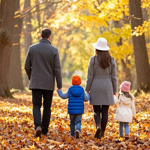 Photograph of a family of four, from behind, holding hands in a autumn forest, with vibrant yellow leaves covering the ground.