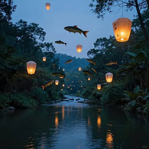 Photograph of a twilight forest scene with glowing paper lanterns floating above a calm river, surrounded by trees and silhouetted fish.