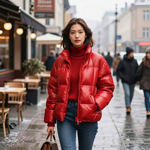 Shiny Red Puffer Jacket in Winter