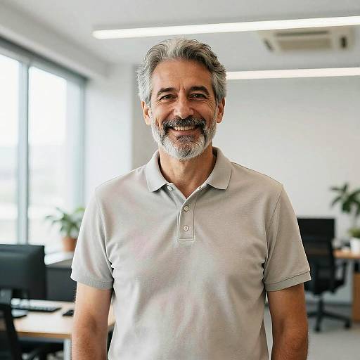 Photograph of a middle-aged man with gray hair and beard, wearing a white polo shirt, standing in a bright, modern office.