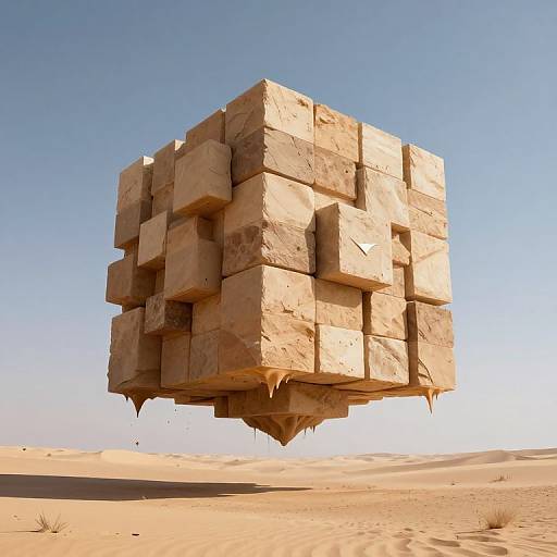 CGI image of a floating, blocky, stone structure in a desert with clear blue sky, sandy dunes, and small rocks.
